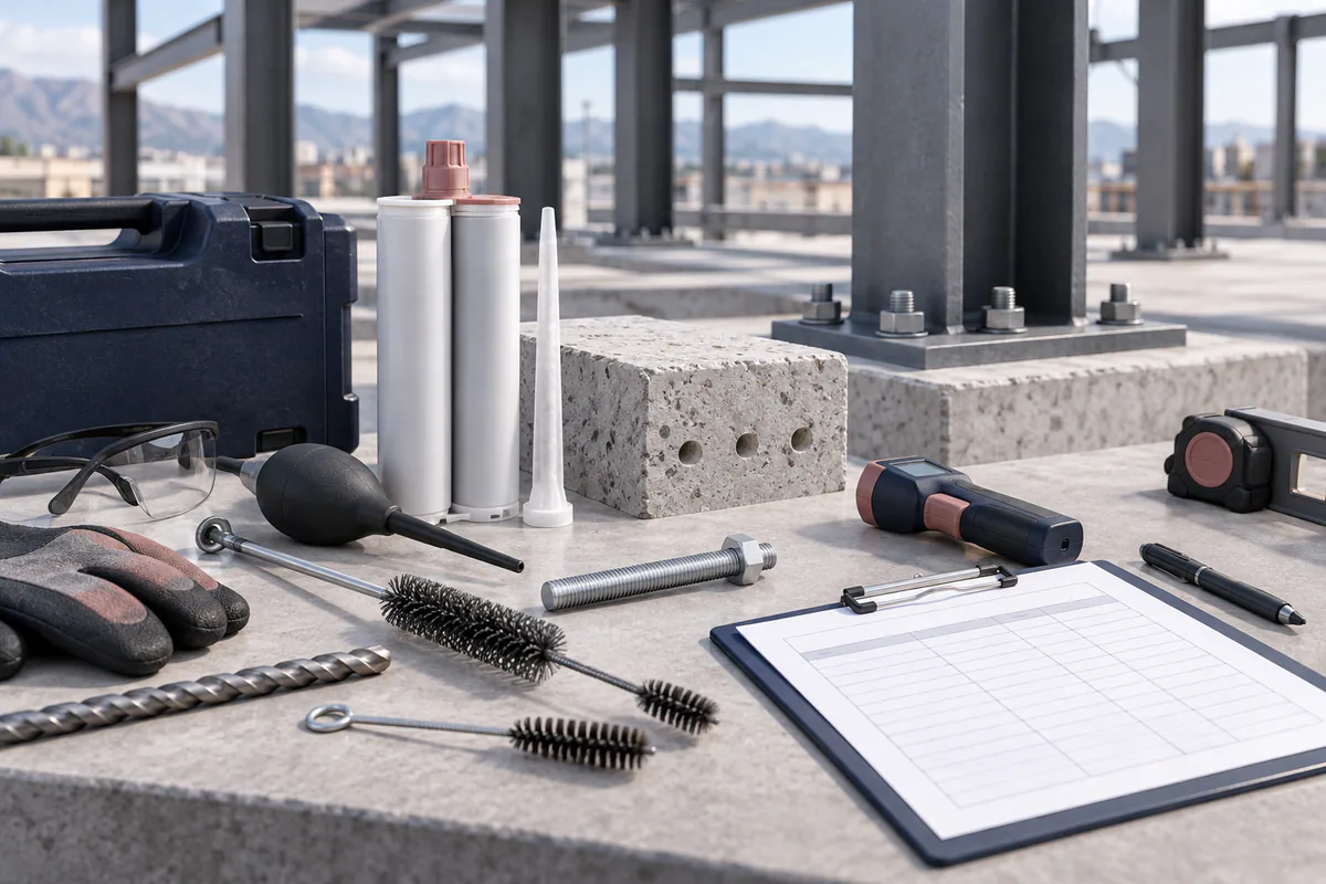 An adhesive-anchor planning bench with clean hole-preparation tools, an unbranded cartridge, and blank temperature records.