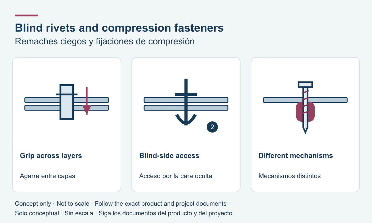 Blind rivets and compression fasteners: grip across layers, blind-side access, different mechanisms.