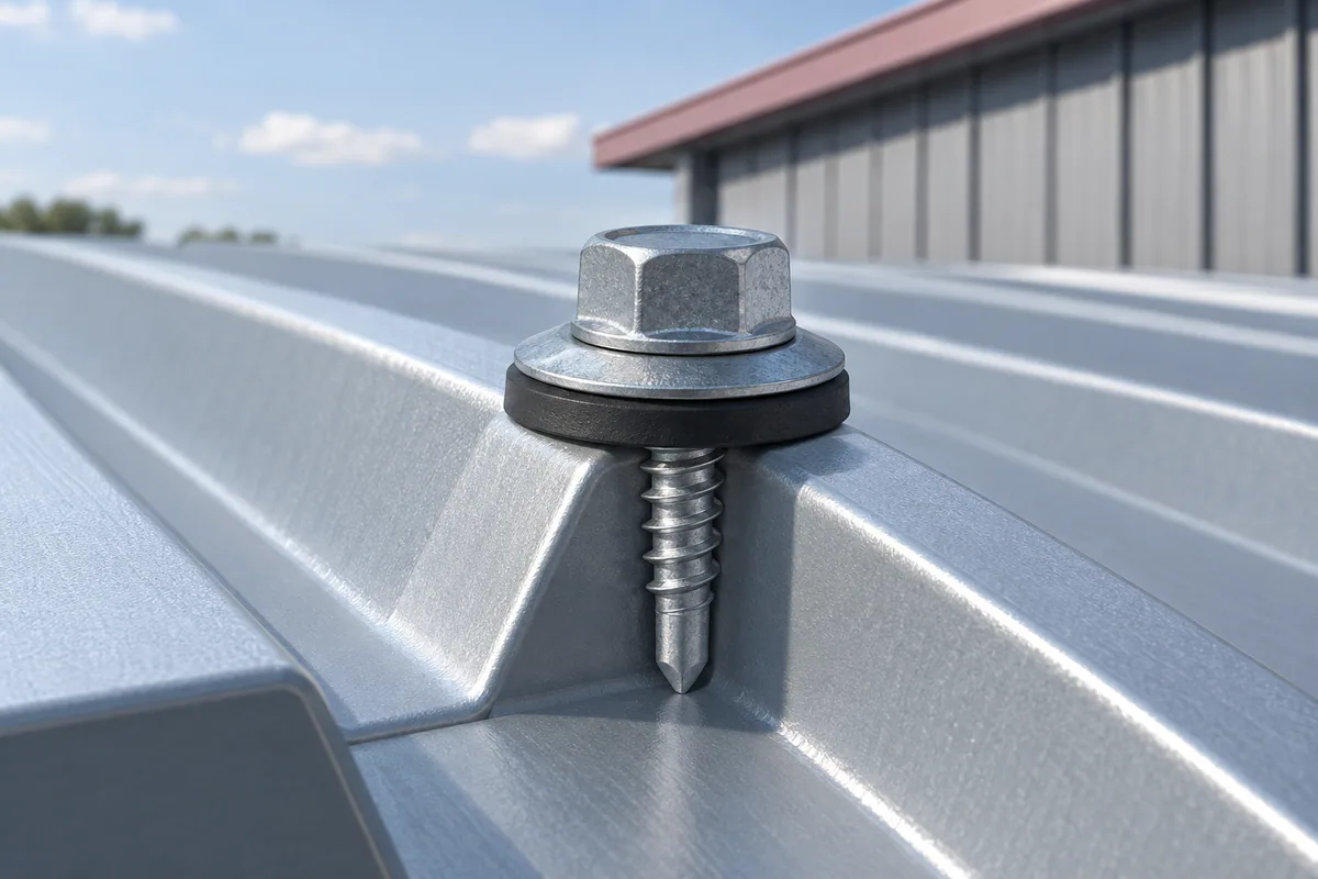 Macro view of a bonded metal-and-elastomer washer on a roof fastener above a ribbed panel sample.