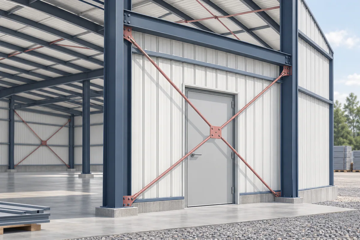 A braced steel bay intersecting a proposed door opening, shown as an unresolved coordination model rather than altered bracing.