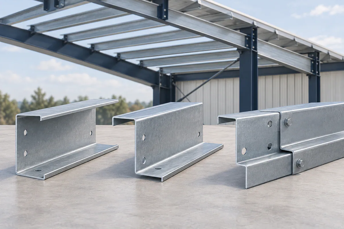 C-shaped and Z-shaped roof purlin samples, with a separate overlapping Z-purlin assembly clearly visible.