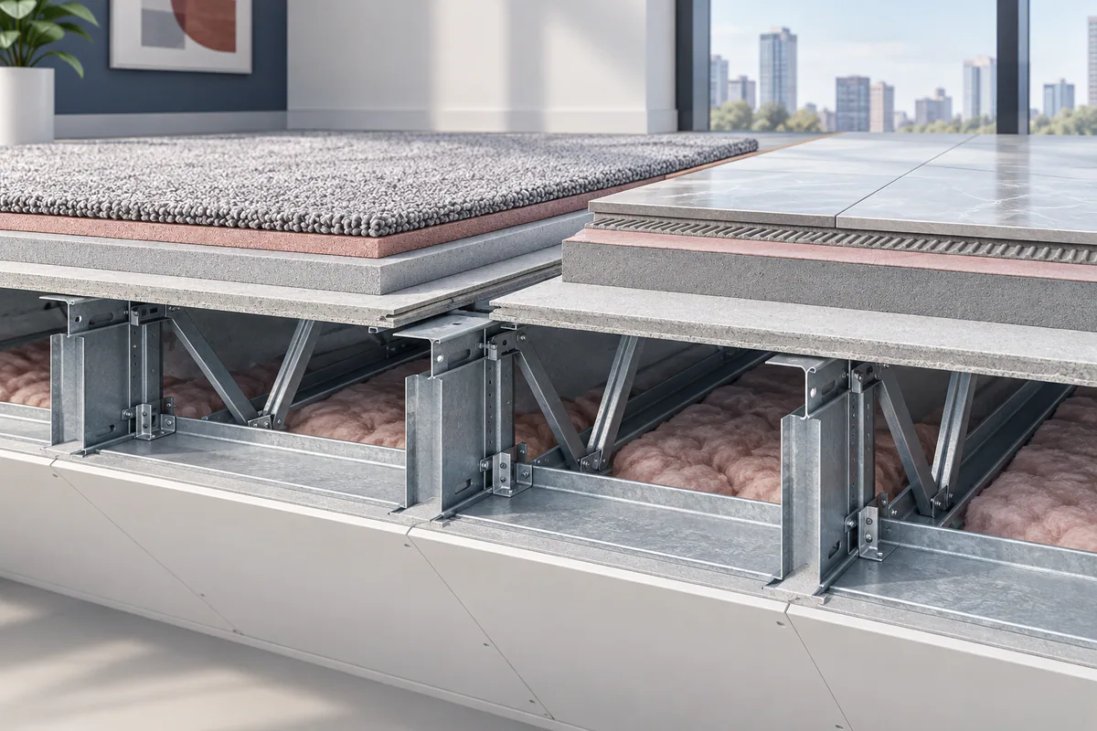 Two floor-finish and underlayment layer stacks on the same CFS floor substrate, shown for assembly review.