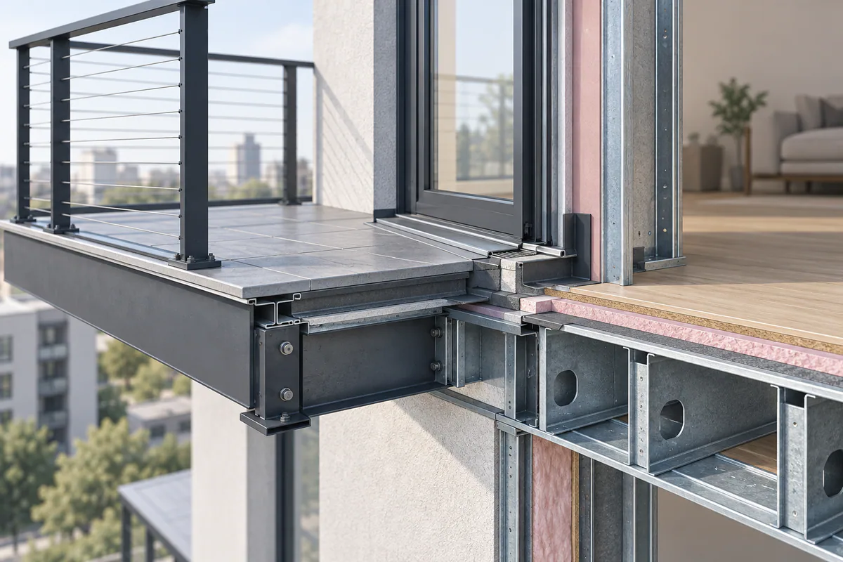 Ilustración conceptual sobre Coordinación de balcones con entramados de piso CFS.