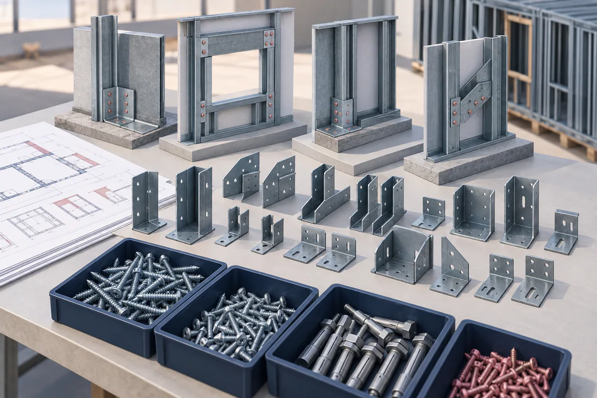 An array of connectors matched to different framing details, with fasteners and anchors counted in separate trays.