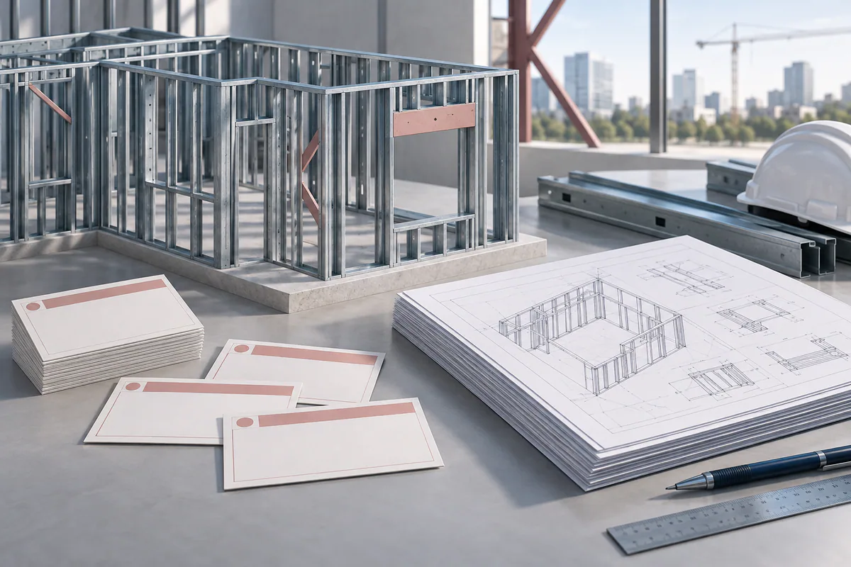 A partly defined CFS framing package with blank allowance cards separated from approved fabrication drawings.