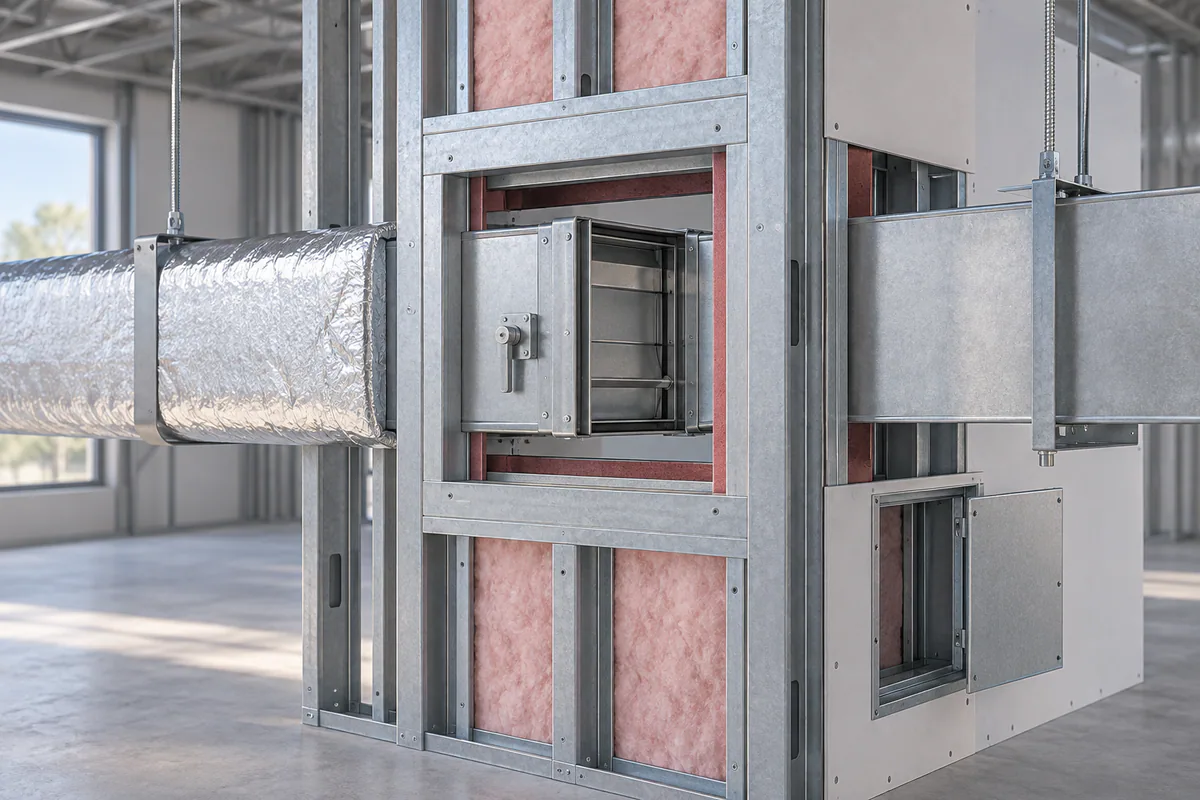 An insulated rectangular duct crossing a reviewed steel-framed opening with separate support and access space.