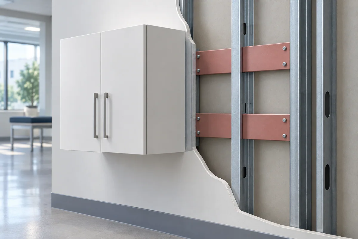 A wall-mounted equipment silhouette with backing positions visible in the open CFS wall behind it.