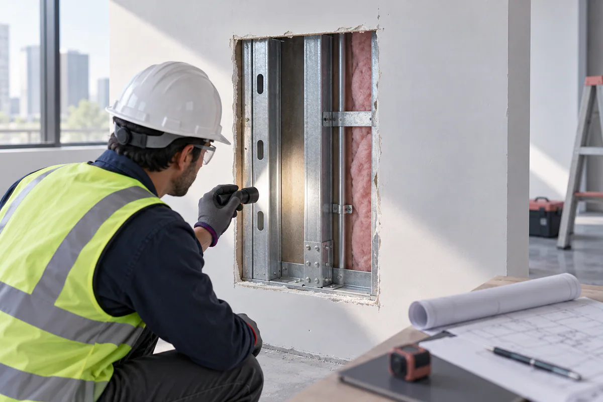 An existing wall with one controlled investigation opening exposing member markings, framing, and connection conditions.