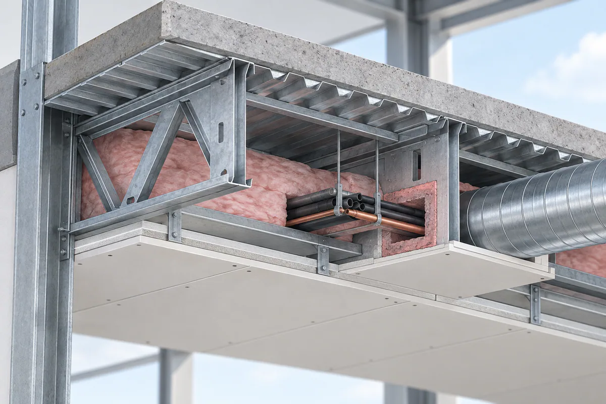 A full floor-ceiling assembly cutaway with CFS joists, deck, ceiling layers, and a coordinated service penetration.