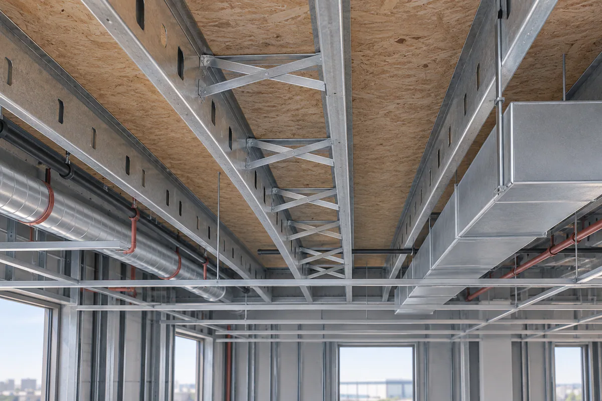 Exposed floor joists with a continuous bridging line and reachable connection locations before ceiling closure.