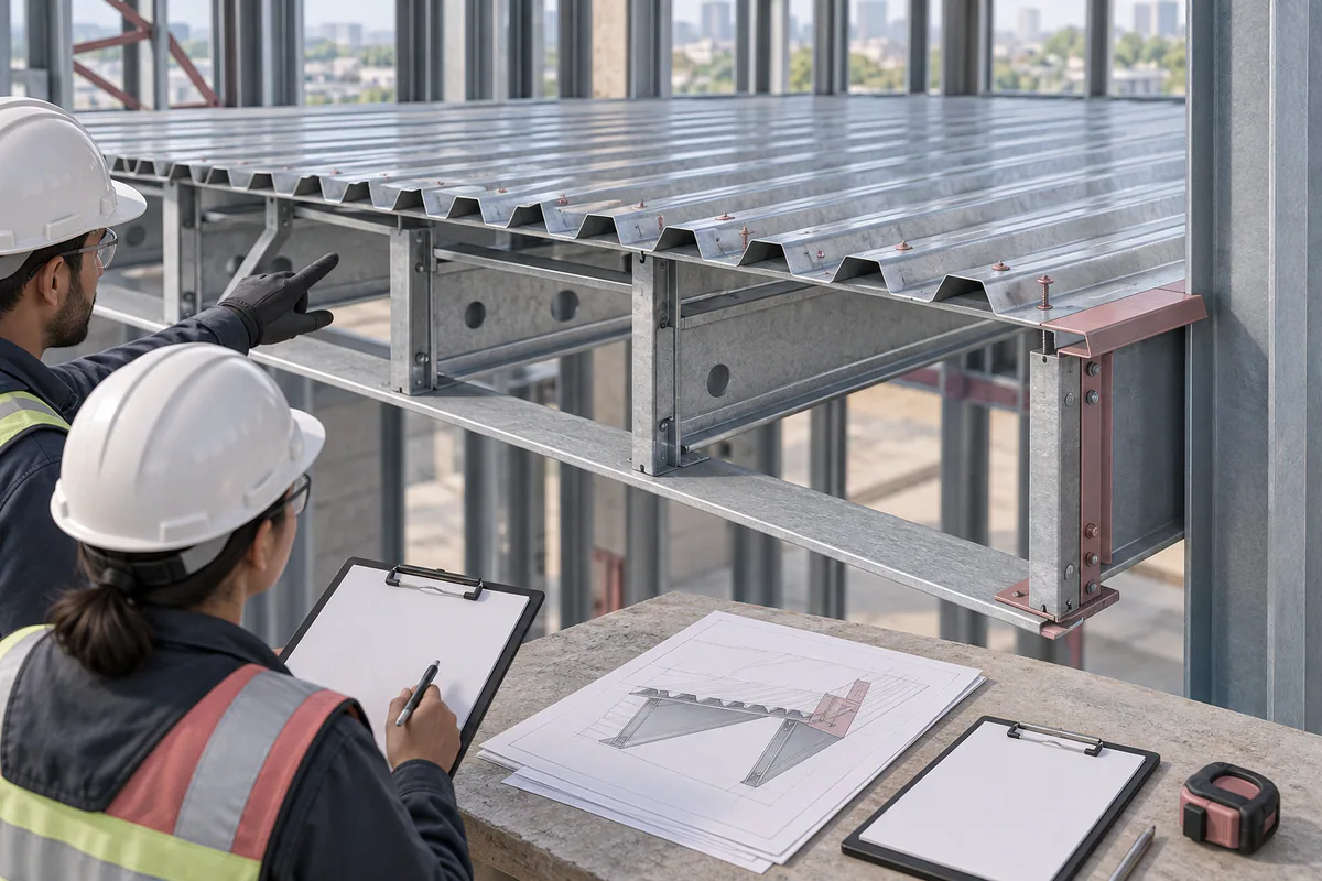 A floor deck edge over CFS joists with the fastening interface exposed and a separate blank handoff record.