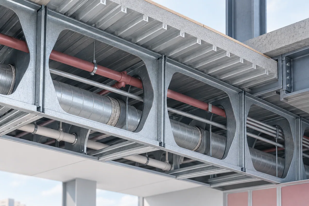 A coordinated service corridor running through factory joist openings beneath a CFS floor deck.