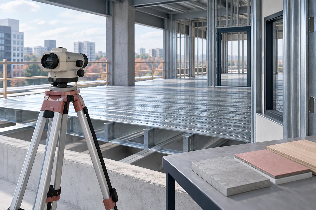 A level survey instrument viewing an unfinished CFS-supported floor with neighboring finish-layer samples.