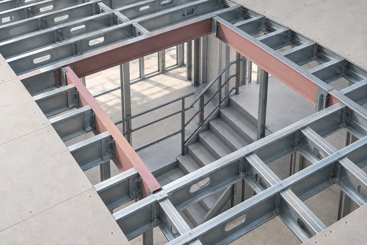 A rectangular stair opening in a CFS floor with bordering joists and adjacent stair geometry visible.
