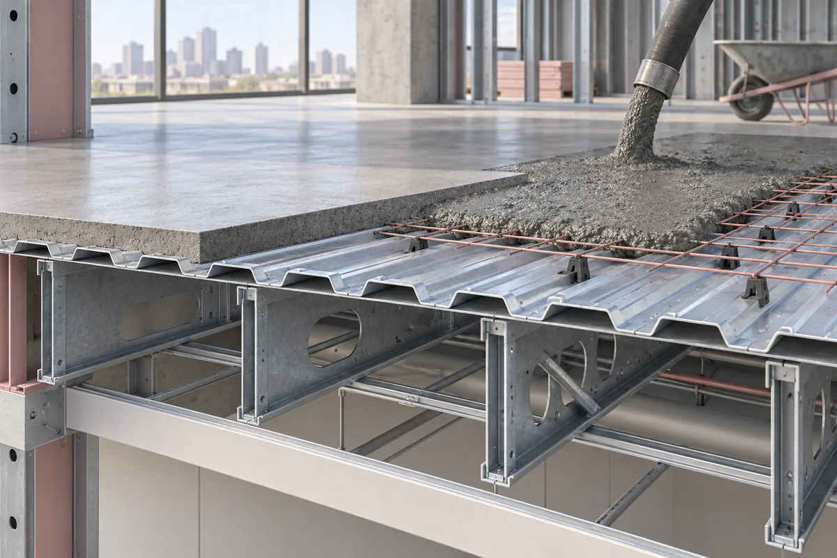 Section of a CFS floor with wet topping, deck, supporting joists, and a planned pour area visibly distinguished.