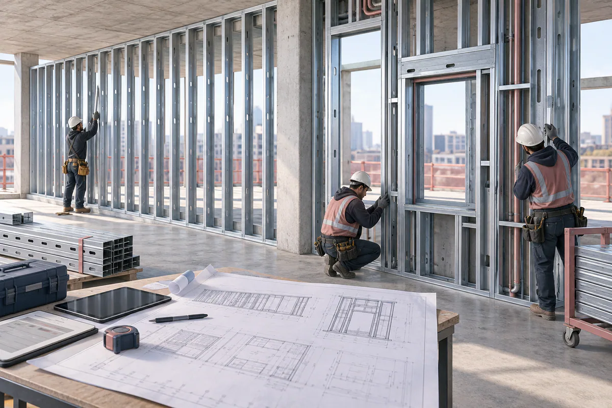 A repetitive CFS wall zone and a complex opening zone viewed together beside an unmarked labor planning board.