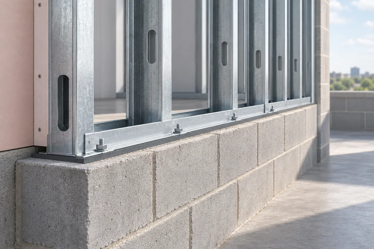 A cold-formed steel wall bearing on a masonry support, exposing the substrate and attachment interface.