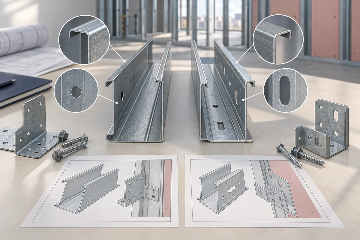Specified and proposed steel profile samples side by side with their affected connection and service-hole interfaces.