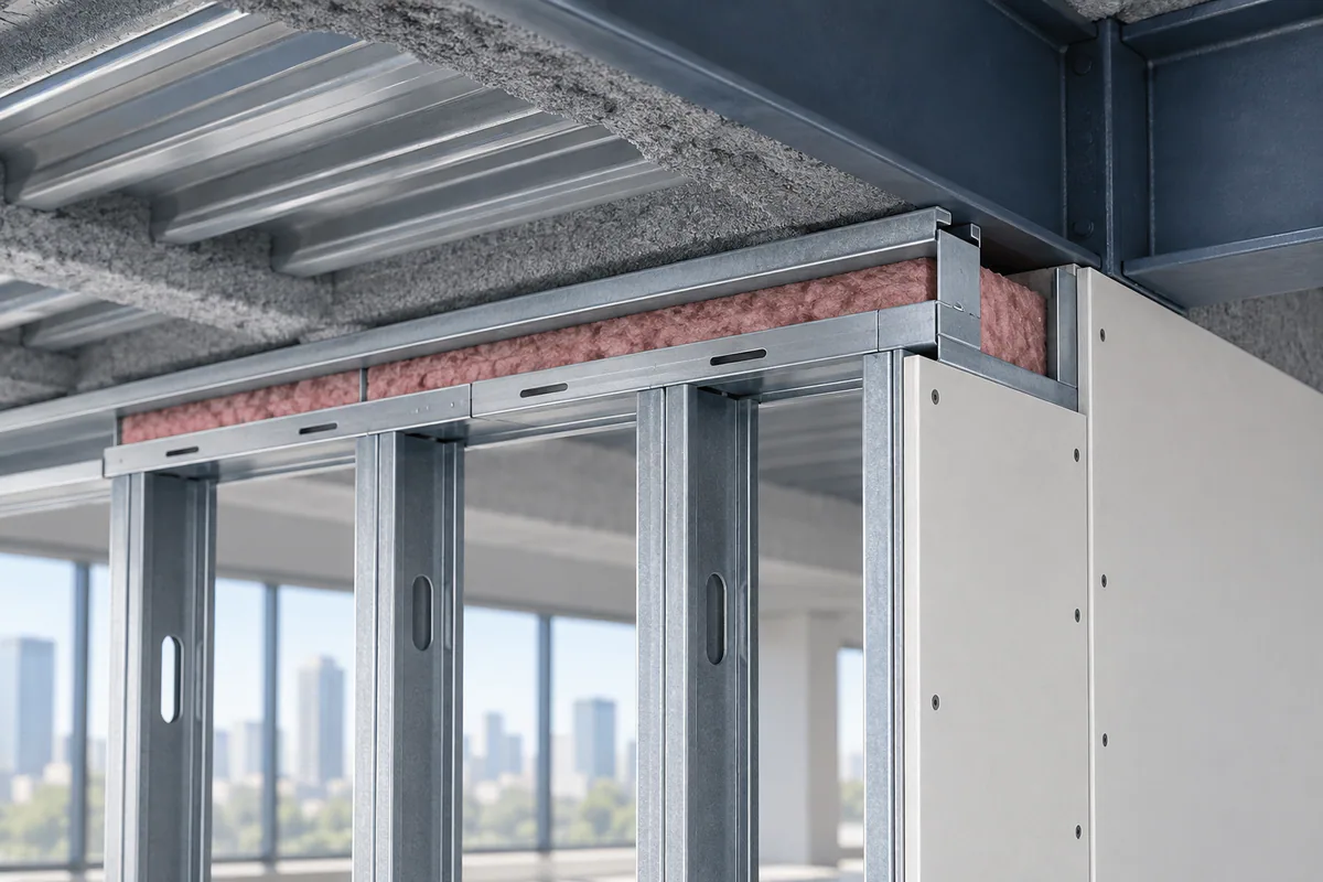 A rated wall head with movement track and a separate conceptual firestop joint layer before board closure.