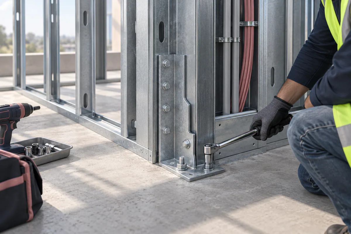 A wall hold-down at a tight corner with a visible unobstructed tool and inspection access zone.