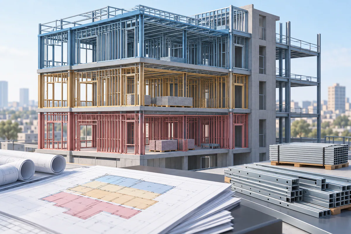 A multistory steel framing model with separate floor zones at distinct design, delivery, and installation release stages.