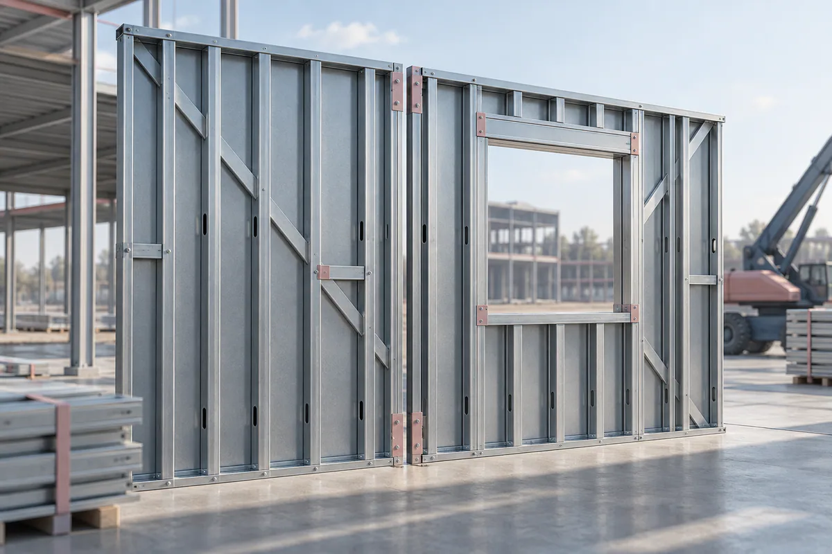Two adjacent prefabricated CFS panels with a deliberate panel break placed away from the prominent opening.