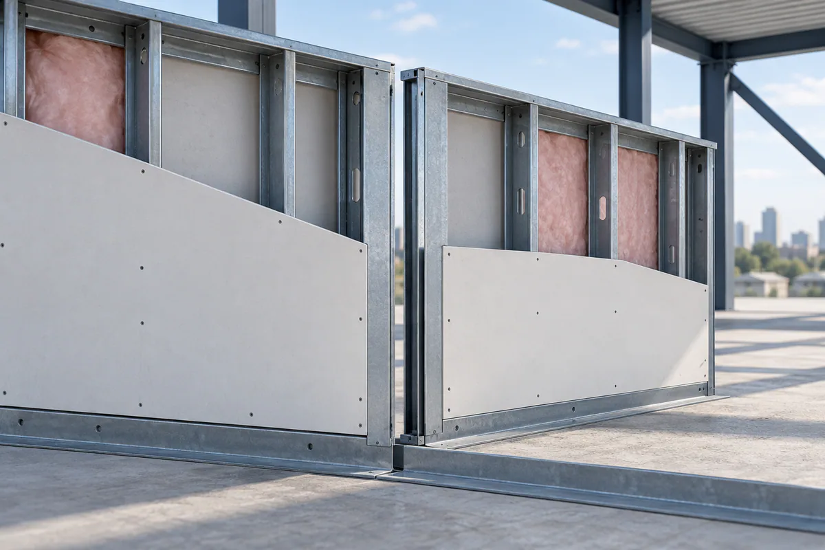 Adjacent prefabricated wall panels meeting in the field with the joint and receiving support clearly exposed.