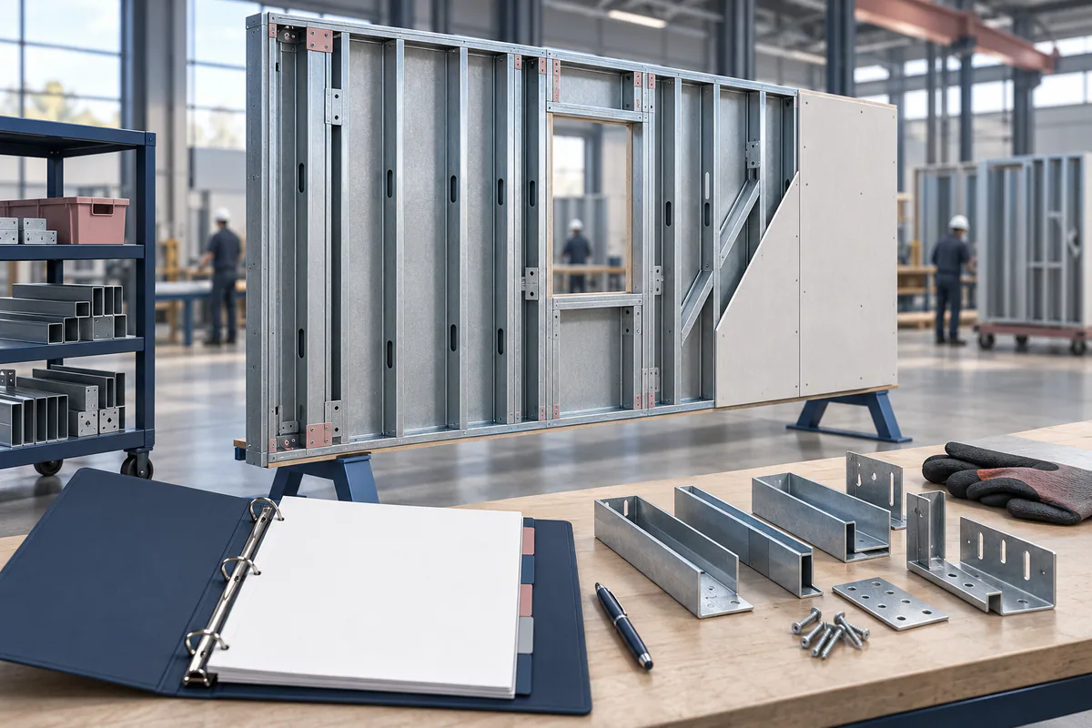 An unfinished factory wall panel with accessible connections, a blank inspection folder, and organized component samples.