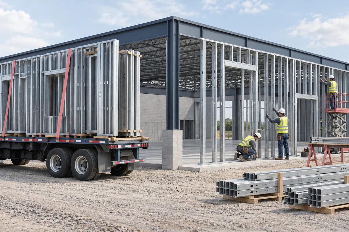 Side-by-side prefabricated wall panel delivery and field-framed wall assembly viewed with the same building context.