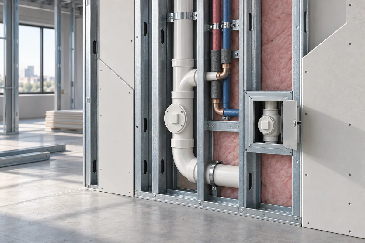 A plumbing wall chase showing real pipe fittings, insulation, cleanout access, and complete CFS wall geometry.