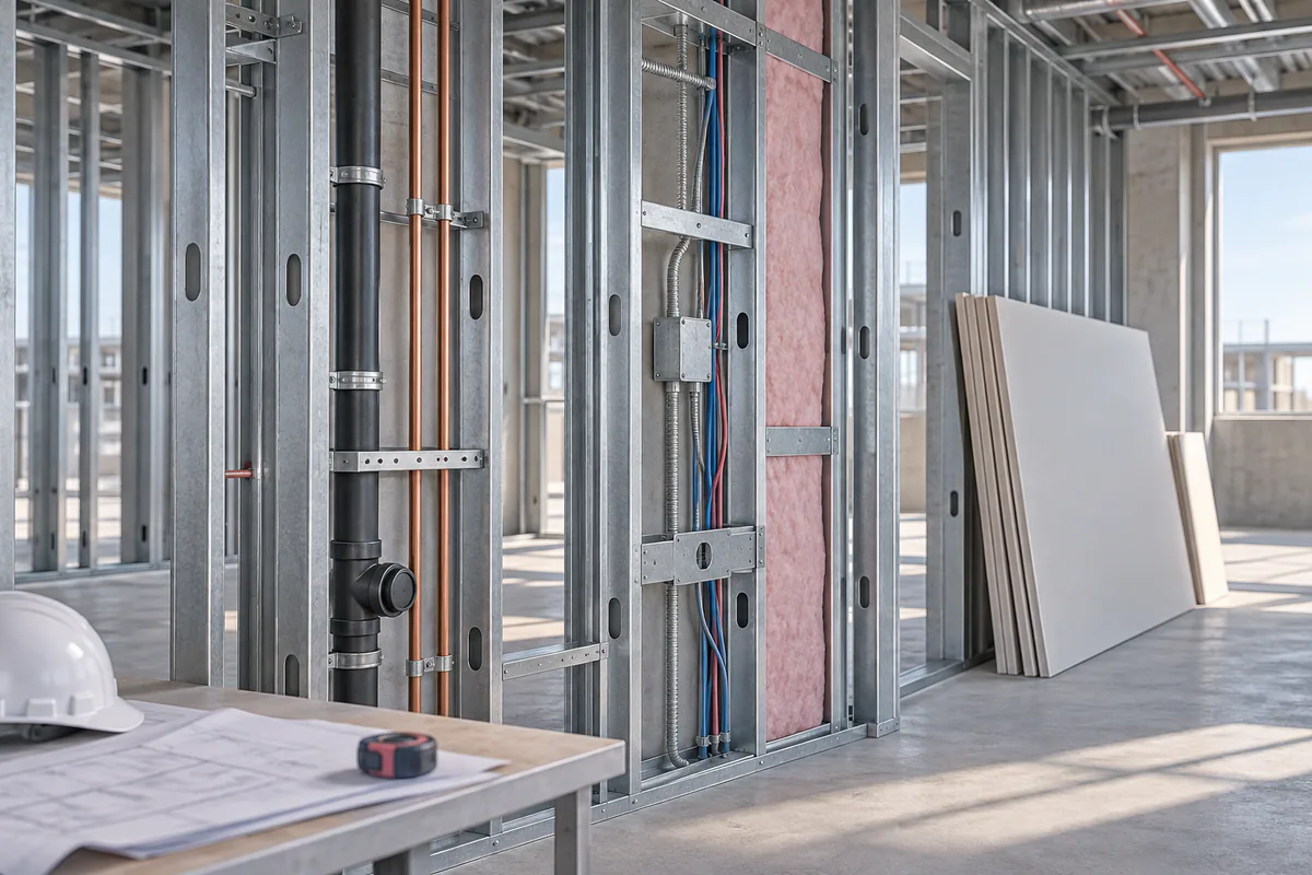 Open framing at a pre-concealment hold point, with the next board layer set aside and connections accessible.