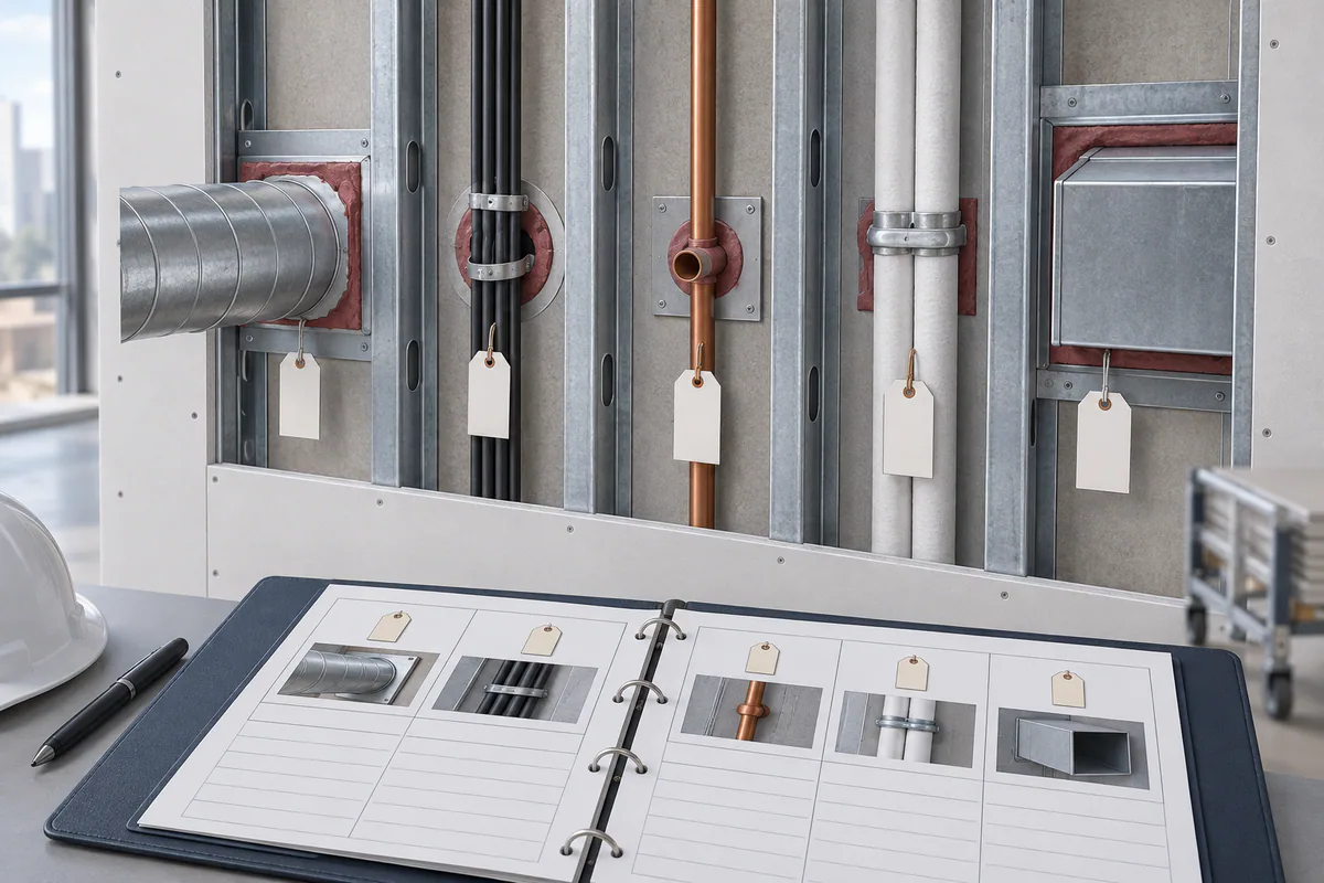 Several distinct service crossings in a rated wall, each with a small blank location tag and matching inspection record.