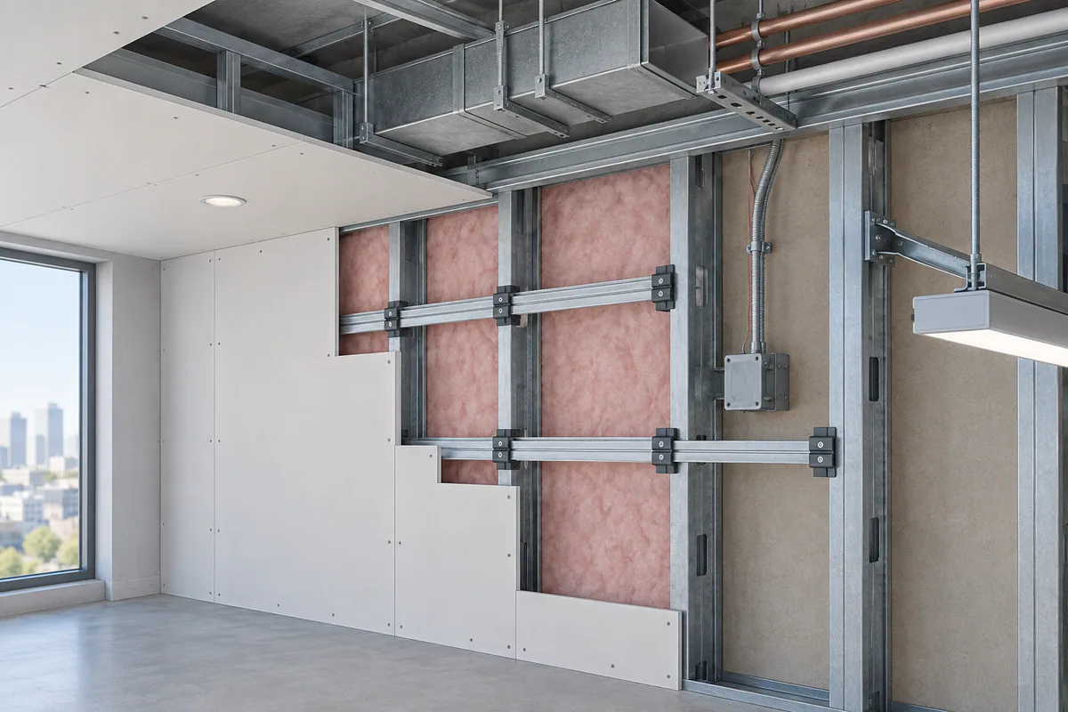 Resilient channels and sound clips exposed behind a partial board finish, with fixture support kept separate.