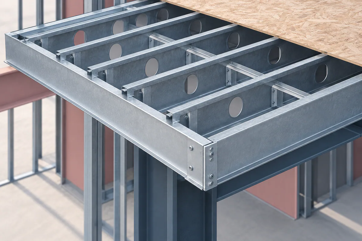 A floor perimeter cutaway emphasizing rim track distinct from interior joists and their attachment roles.