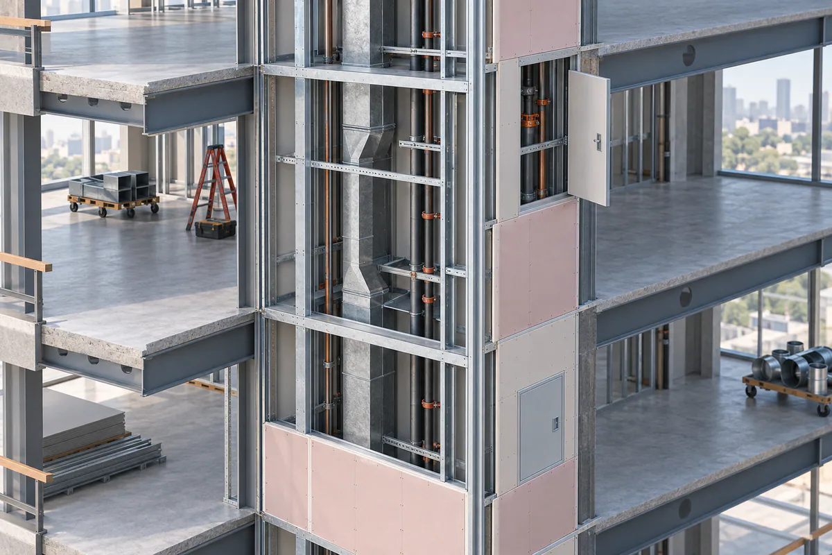 A multistory shaftwall cutaway with service access sides and incomplete versus completed enclosure stages visible.