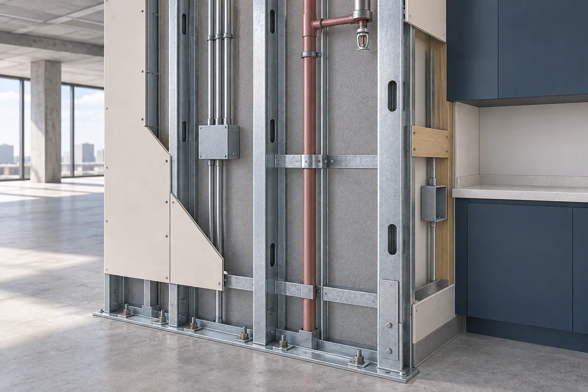A CFS shear-wall boundary zone with anchorage kept visually clear of nearby service boxes and cabinetry backing.