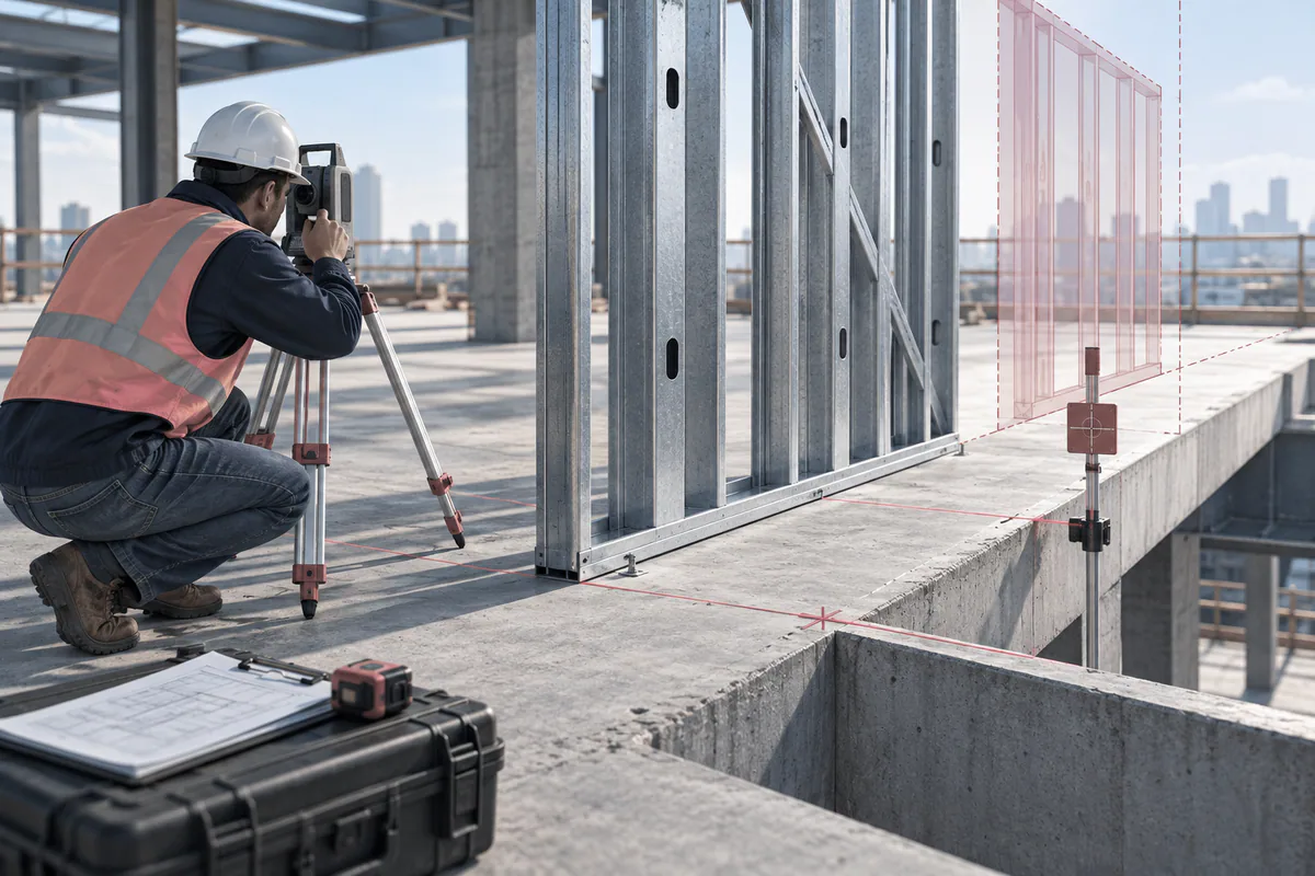 A slab edge and galvanized panel base surveyed using a level and grid reference before panel release.