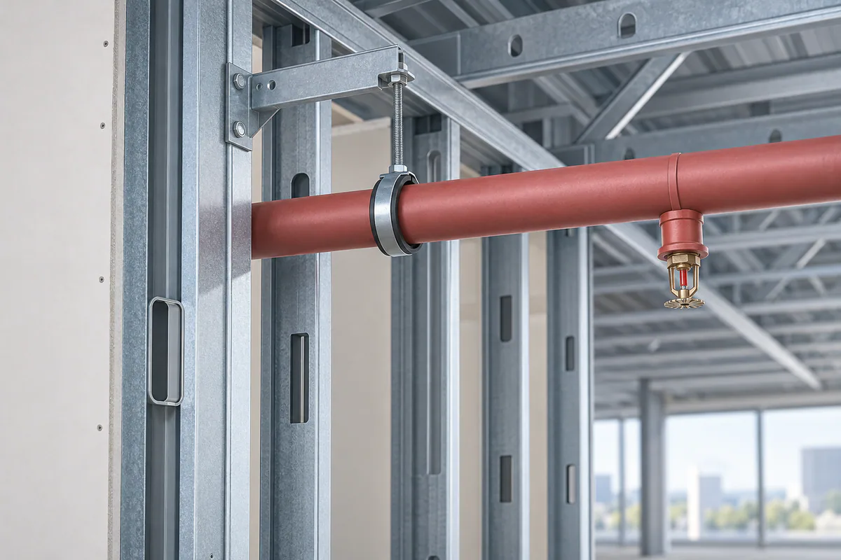 Sprinkler piping near a steel wall with pipe-clearance space and its distinct reviewed support attachment emphasized.