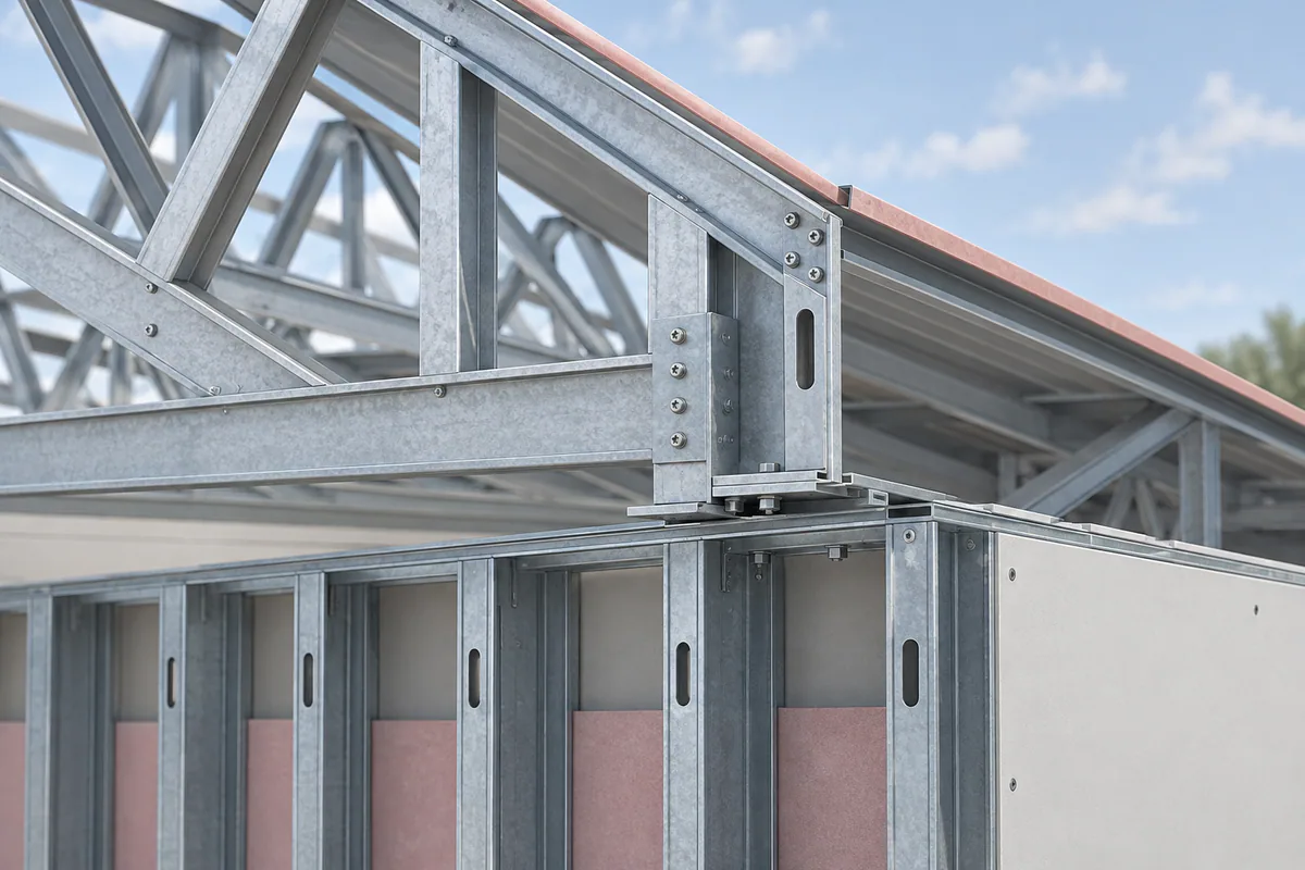 A CFS roof truss heel bearing on its supporting wall, with receiving members and the full interface shown.
