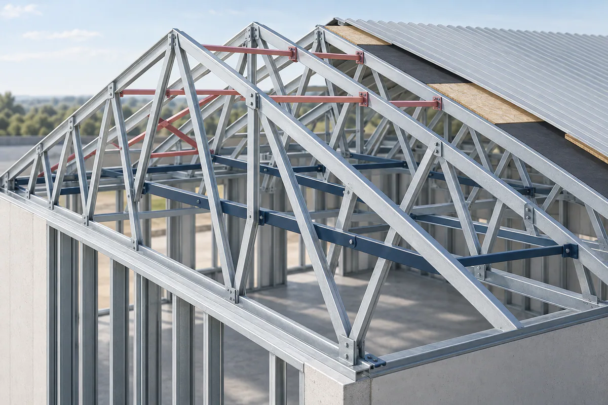 A roof truss assembly with permanent bracing and separate construction-stage bracing visually differentiated.
