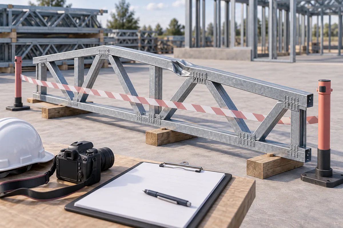 A visibly damaged truss component safely isolated for review beside a blank repair-request record, no improvised repair.