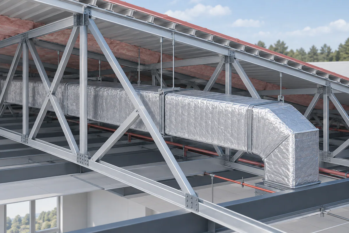 A roof truss and an insulated duct envelope shown in a coordinated cutaway without cut or modified truss members.