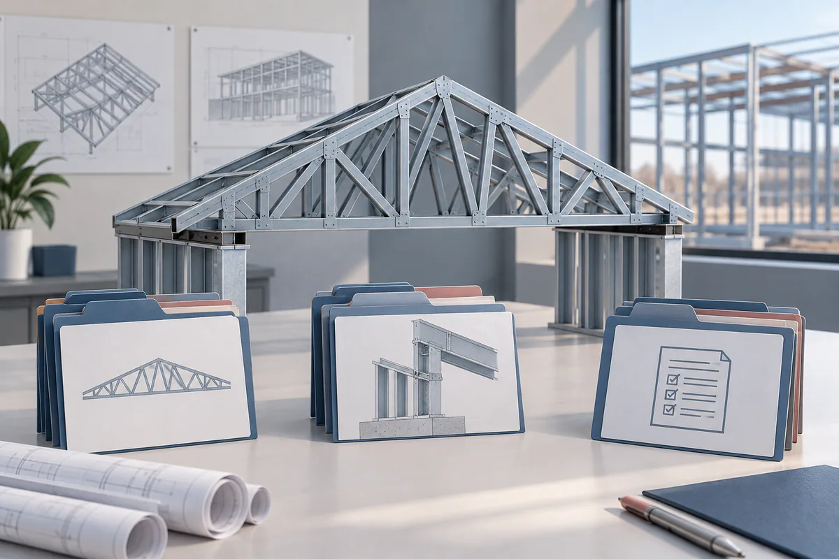 A CFS roof truss model with separate truss, building-support, and review document folders arranged around it.