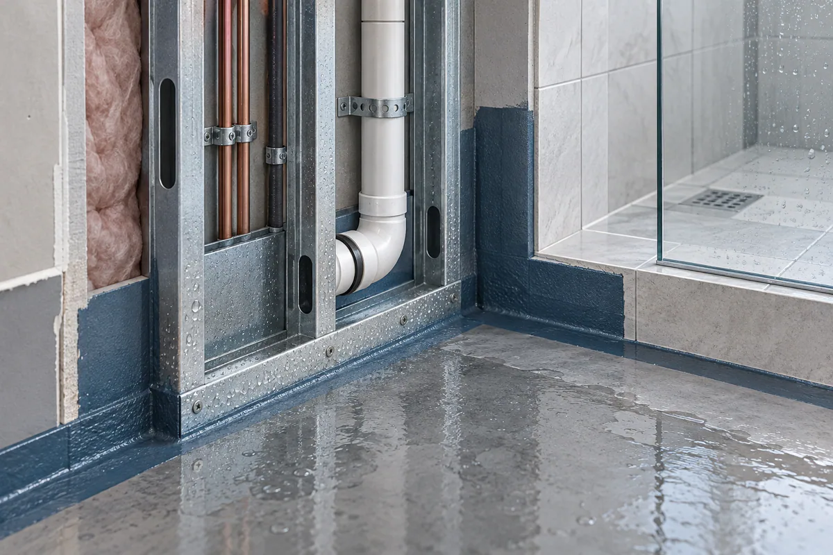 A wet-area steel wall base near waterproofing and service penetrations, emphasizing exposure and material interfaces.