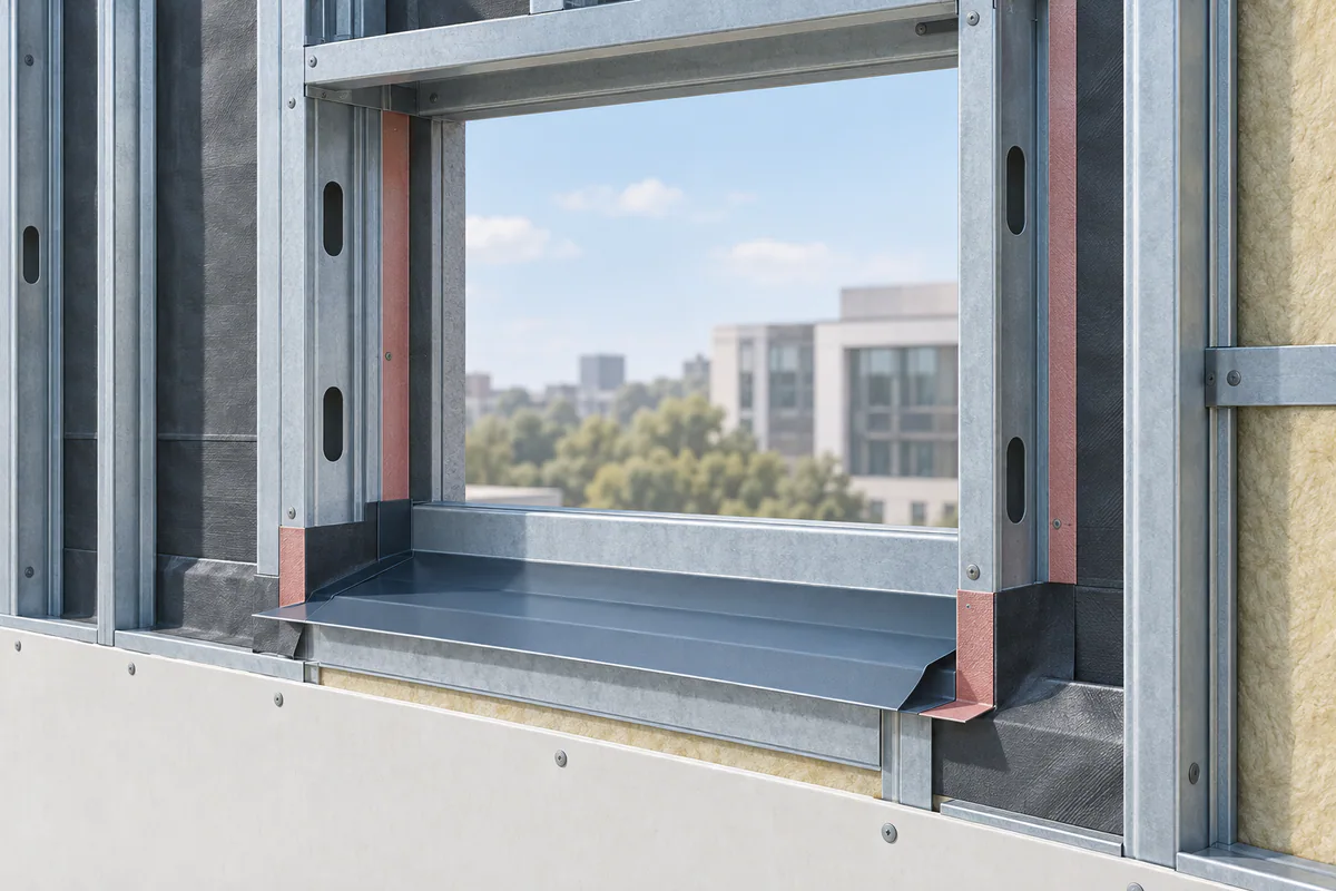 A window rough opening transitioning from exposed CFS framing to sill flashing and drainage layers.