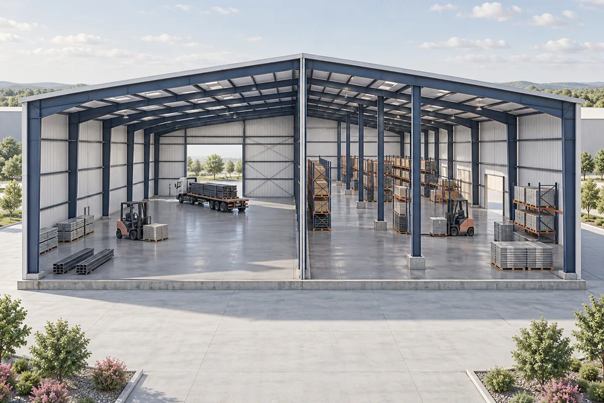 A column-free steel building bay beside a multi-span bay with interior columns and usable operating space visible.