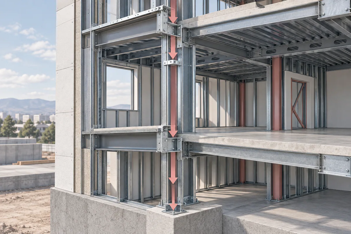 Vertically aligned steel wall and floor supports visible through a multistory corner cutaway.