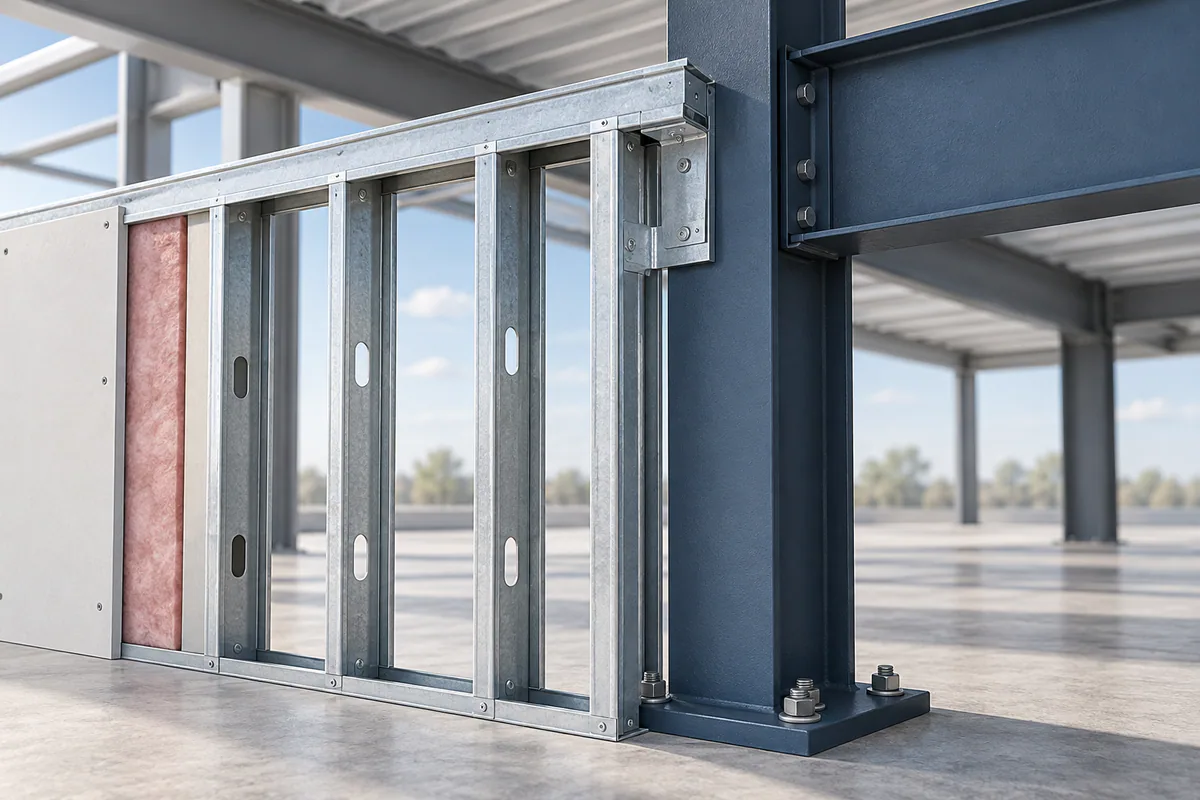 A slim galvanized cold-formed wall frame meeting a heavier painted structural steel column in a single cutaway.