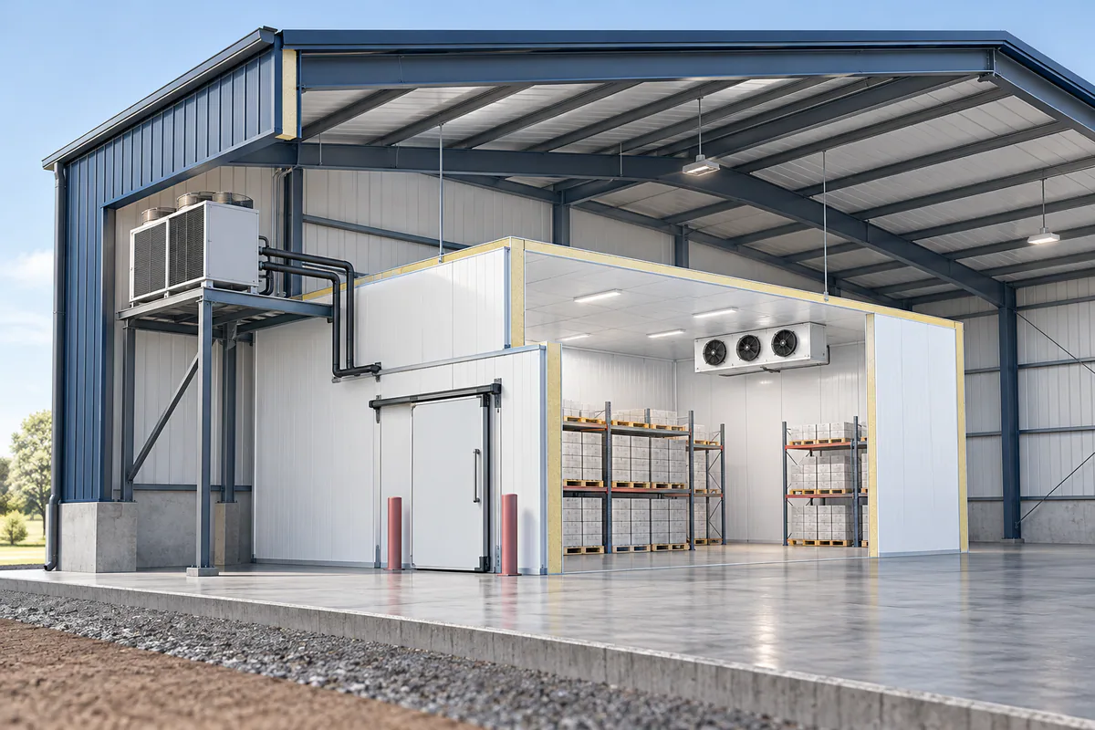 A refrigerated room as a separate insulated enclosure within a larger steel building shell, with distinct thermal boundaries.