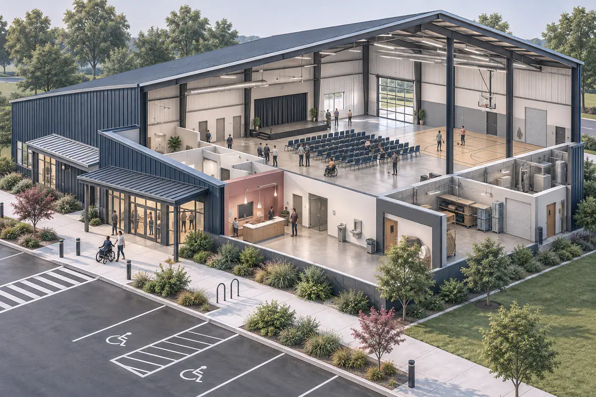 A community-use steel building model with entry, accessible circulation, gathering space, and service zones coordinated.